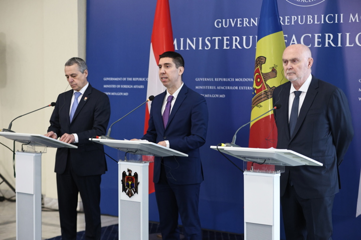 Conferință de presă susținută de ministrul afacerilor externe al Republicii Moldova, Mihai Popșoi, vicepreședintele Confederației Elvețiene, șeful Departamentului Federal pentru Afaceri Externe, Ignazio Cassis, și secretarul general al OSCE, Feridun Sinirlioğlu