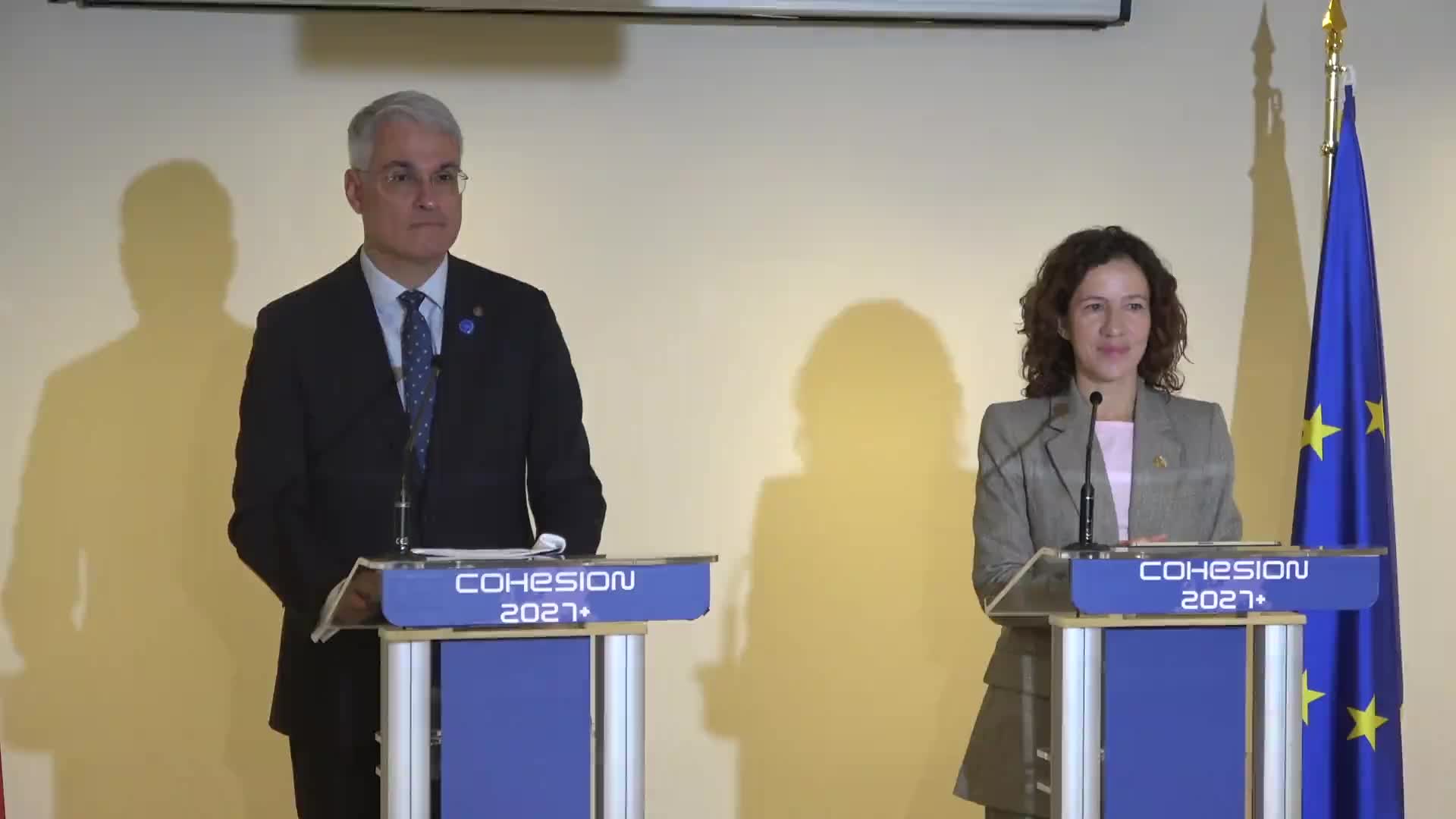 Declarații de presă susținute de ministrul Investițiilor și Proiectelor Europene al României, Dragoș Pîslaru și vicepreședinta executivă a Comisiei Europene, responsabilă pentru drepturi sociale, competențe, locuri de muncă de calitate și pregătire, Roxana Mînzatu