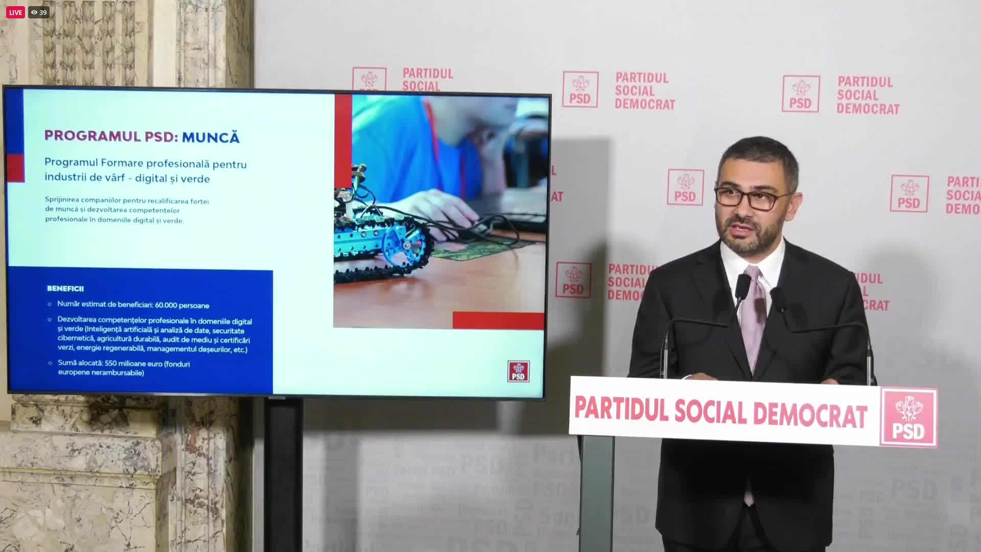 Conferință de presă susținută de ministrul Muncii, Familiei, Tineretului și Solidarității Sociale al României, Florin Manole, privind măsurile pe muncă din „Programul PSD pentru Investiții, Locuri de Muncă și Dezvoltare economică”