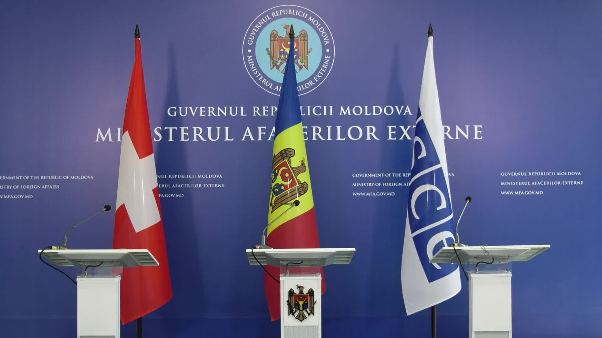 Conferință de presă susținută de ministrul afacerilor externe al Republicii Moldova, Mihai Popșoi, vicepreședintele Confederației Elvețiene, șeful Departamentului Federal pentru Afaceri Externe, Ignazio Cassis, și secretarul general al OSCE, Feridun Sinirlioğlu